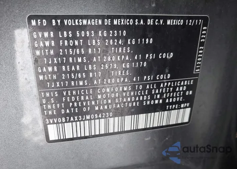 2018 Volkswagen Tiguan 2.0T S из США, поврежденный, VIN 3VV0B7AX3JM094230